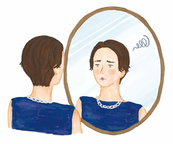 鏡の前で悩む女性イラスト