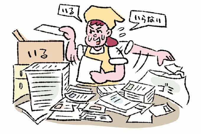 大量の書類を整理するエプロンと三角巾姿の女性のイラスト